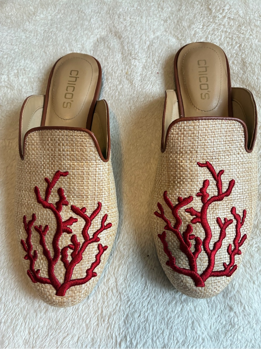 Chico's Raffia Slip-On Mules with Red Coral Embroidery